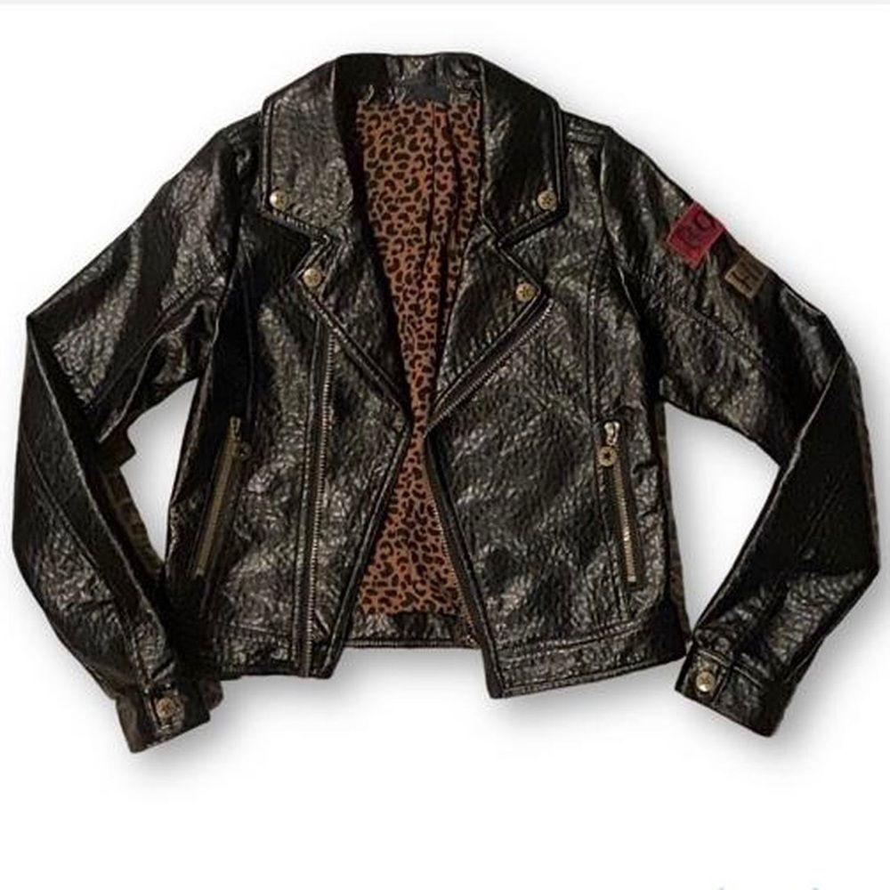 Biker Jacket faux leather‎ black leopard Size 12 punk rock Textured Pleather